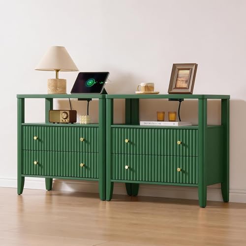 Image of Fluted Nightstand with Charging Station Set of 2, 27.3 inch Tall Modern Bedside Table with 2 Drawers & Open Shelf, Large Wide Wood End Table with Storage & Metal Handle for Bedroom, Green