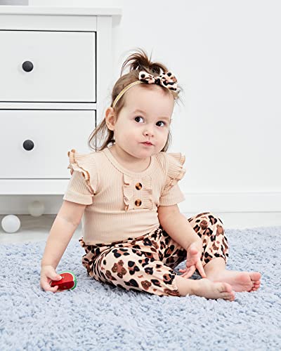 Image of Newborn Baby Girl Clothes 0-18M Infant Ruffle Romper Bodysuit, Long Sleeve Tops Floral Pant Outfits Set + Headband