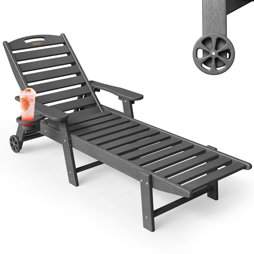 SUUNYN Chaise Lounge Outdoor Lounge Chair Outdoor with Wood Texture Adjustable 5-Position Backrest HDPE Lounge Chair with Wheels & Cup Holder for Pool Deck Backyard Dark Grey