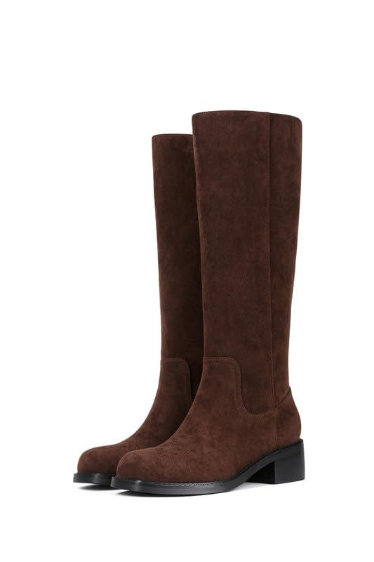 Image of ZJA Knee High Boots Square Toe Boots Low Heel Flat Long Boots for Women Dress Chunky Comfortable Tall Boots