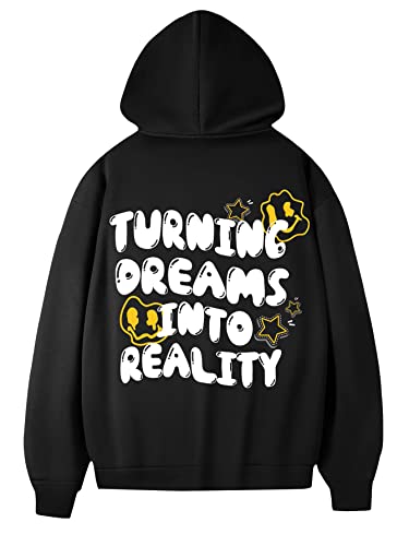COZYEASE Men's Graphic Letter Print Drawstring Street Hoodies Oversized Vintage Long Sleeve Sweatshirts Black