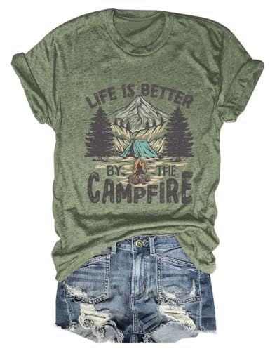 Camping Shirt Women Life is Better by The Campfire T-Shirt Funny Camper Camp Lover Casual Graphic Tee Top Crewneck