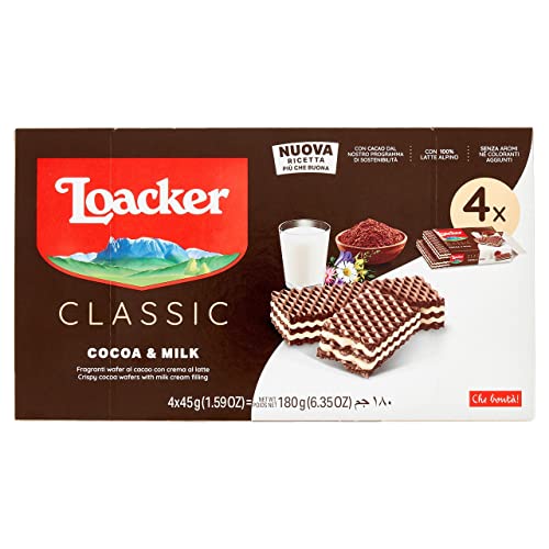 Loacker, Classic Cocoa & Milk Multipack, Wafer Classico con 3 Strati di Cialde al Cacao Farcite con Crema al Latte Alpino, Merenda e Snack, Formato Convenienza, 1 Confezione da 4 Wafer da 45g