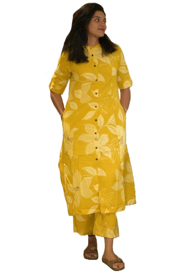 ANNI Designer Women's Rayon Viscose Straight Printed Kurta with Pant (Sunoni Yellow_XL_Yellow_X-Large)