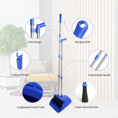 Image of Broom and Dustpan Set, Long Handle Lightweight Dustpans with Broom Combo for Home, Indoor&Outdoor Sweeping for Home Room Kitchen Office Lobby (Dark Blue)