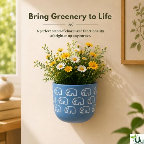 Image of Urban Upvan Elephant Printed Blue Terracotta Wall Planter - Premium Decorative Planter for Indoor & Outdoor Plants, Modern Elegant Flower Pot for Home, Garden & Office