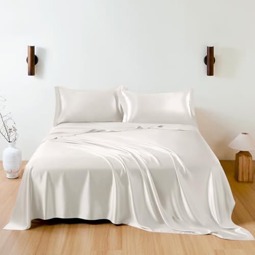 THXSILK 100% Mulberry Silk Sheet Set, 7A+ Silk Sheet Set Soft Breathable, Luxury Bedding (1 Flat Sheet, 1 Fitted Sheet, 1 Pillow Sham) Twin XL, White