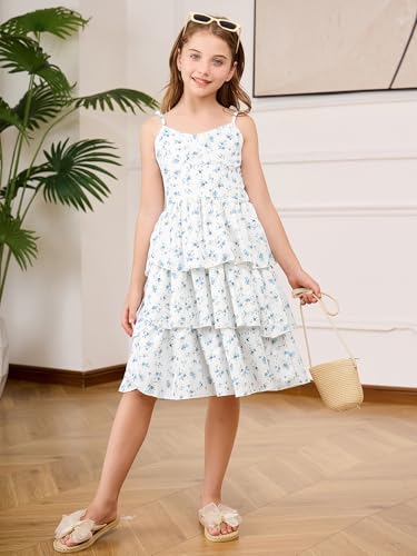 Girl's Summer Floral Dress Tie Shoulder Layered Ruffle Cami Dress Sleeveless Causal Short Dresses3