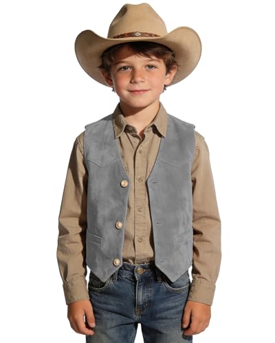 Image of Retro Boys Western Cowboy Vest for Kids Leather Suede Waistcoat | vintage dress vests, welt pockets, v-neck, adjustable waist, formal slim fit, wedding outfit, farm christmas birthday prom