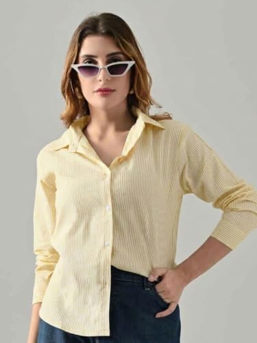 Image of Women's Blue Cotton Striped Shirt - Regular Fit, Full Sleeve, Collared Formal Shirt for Office, Casual