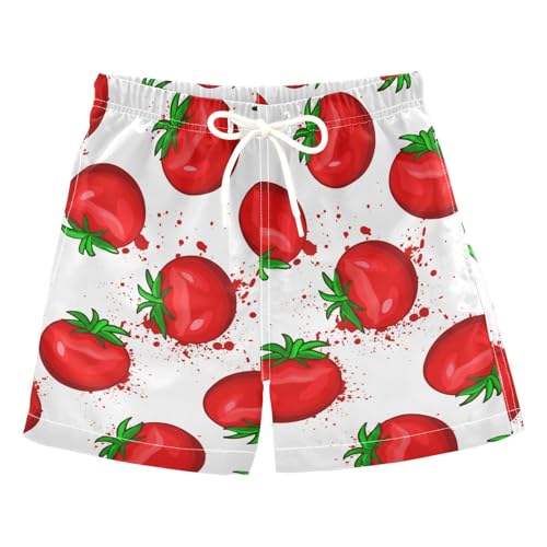DOMIKING Tomato Splatter White Boys Swim Shorts Quick Dry Swimsuit with Elastic Waistband for Boys Beach Pool Adjustable Waist S