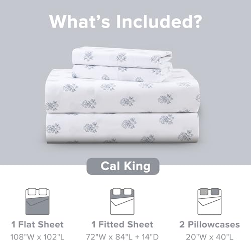 Comfort Spaces 100% Cotton Sheets Cal King, Breathable, Naturally Cool Cotton Sheets, Soft Cotton Bed Sheets with 14" Elastic Pocket Fits up to 16" Mattress, All Seasons Sheet Set, Floral Blue 4 Piece