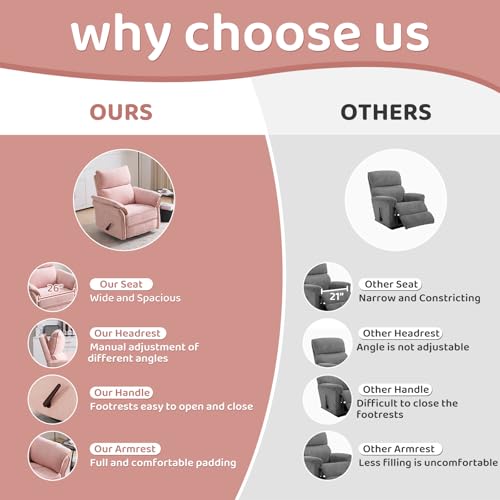 Image of Oversized Swivel Rocker Recliner with Adjustable Headrest, Rocking Chair Nursery with Overstuffed Armrest, Manual Rocker Recliner Nursery Chair for Living Room, Pink