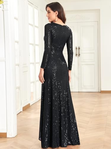 Glitter Sequin Formal Evening Gown Long Sleeve V Neck Wedding Guest Dress for Women2
