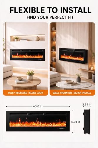 Image of Silonn 60-Inch Smart Electric Fireplace, Ultra-Slim Wall-Mounted or Recessed Fireplace Heater with 1400W Heat, WiFi App & Remote Control, Timer and 20 Customizable Flame Colors