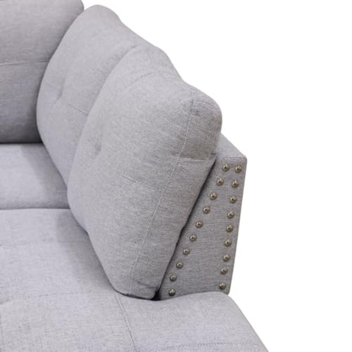 Image of L-Shaped 3-Piece Flannel Sofa with Ottoman, Sectional Couch Set for Living Room, Office, Apartment, with Cup Holder, Grey White