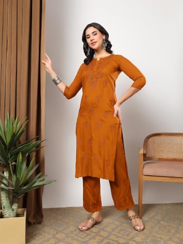 Image of Women Brown Ethnic Motifs Embroidered Lucknowi Chikankari Kurta & Palazzo Sets