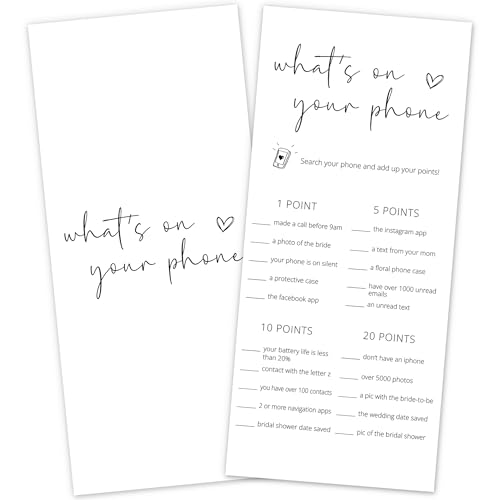 DTLGTG Bridal Shower Game Cards - What's On Your Phone for 25 Guests, Pre-Printed Double Sided 4x9 White Cards for Bachelorette & Wedding Shower Party