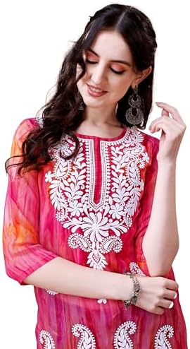 EthnicJunction Georgette Women's Geogette Chikankari Embroidery Straight Kurta |Summer Kurti | Short Kurti for Women | Top for Office | Women's Tunics Tops | Kurta Shirt Top | Regular Fit Top Pink