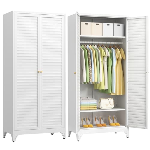 Polup Metal Armoire Wardrobe Closet with Doors 71 Tall White Wardrobe Cabinet with Hanging Rod and Adjustable Shelves Steel Clothing Storage Cabinet for Bedroom School Employee Gym Office