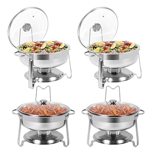 4 Packs Chafing Dish Buffet Set, 4 QT Stainless Steel Round Chafing Dishes with Glass Lid & Lid Holder, Catering Food Warmers for Parties Buffet Weddings Events