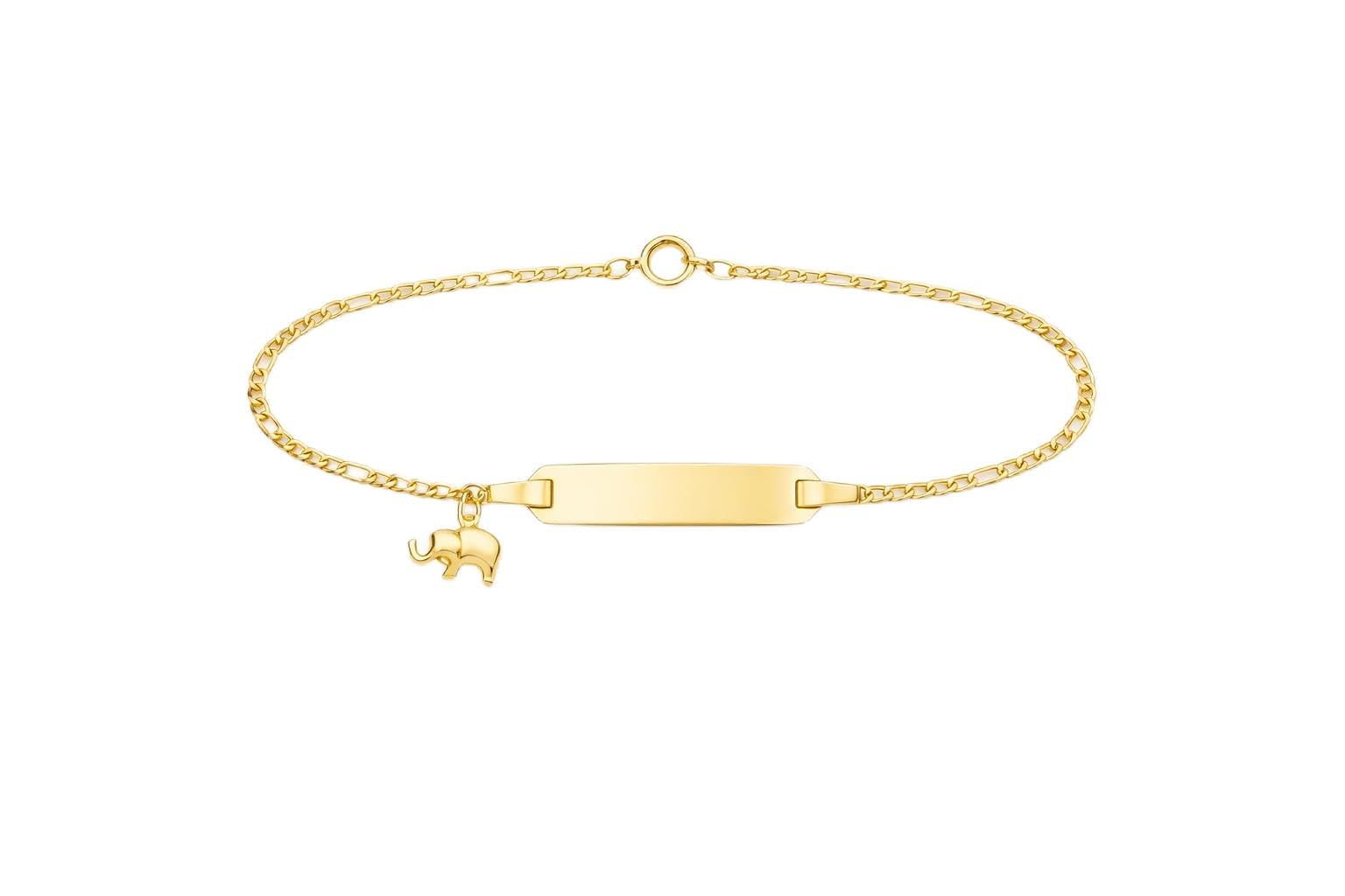 JC Schmuck 585 Gold Baby ID-Armband Kinder Goldarmband 14 cm mit Elefant Anhänger Gelbgold I Figaro Armband mit Gravur Taufarmband Namensarmband I Kinderschmuck made in Germany I 5.530524-98