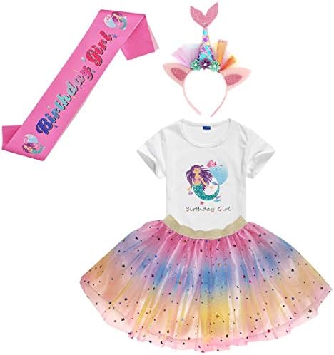 Girls Birthday Tutu Skirts Dress with Mermaid Birthday Girl Tshirt, Headband, Satin Sash (Rainbow w/Pink Headband, 3-4 Years)
