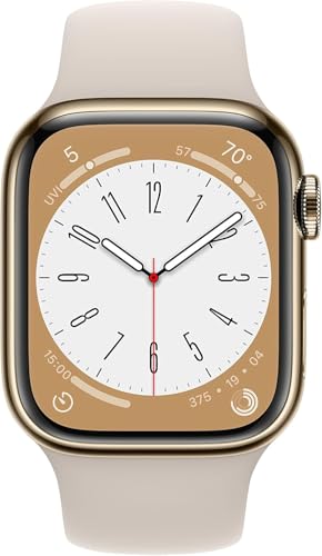 Image of Apple Watch Series 8 (GPS + Cellular, 41MM) Gold Stainless Steel Case with Starlight Sport Band - S /M (Renewed)