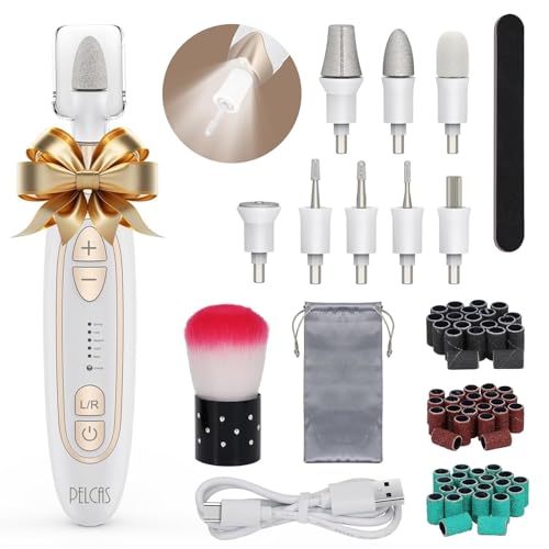 PELCAS Ponceuse pour Ongles de Pieds Épaissis 45000 tr/min, 8 en 1 Lime à Ongles Électrique Sans Fil avec Lumière LED et 5 Vitesses, Kit de Manucure...