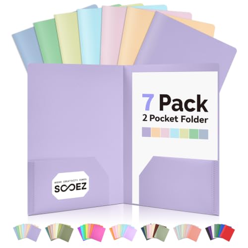 Sooez 7 Pack Folders with Pockets, Pastels Colors, Heavy Duty Pocket...