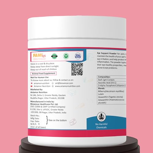Image of Aniamor Eye Support Powder for Dogs and Cats | Dogs Eye Supplements | Dog Eye Allergy Relief | Chicken Flavor | Dog Tear Stain | All Life Stage |200gm Jar