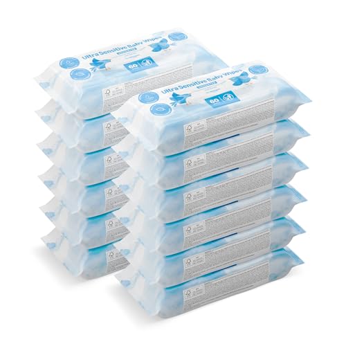by Amazon 720 Salviettine Umidificate Ultra Sensitive per Neonati, 100% Fibre Vegetali, 99% Acqua, Senza Profumazione, 12 Confezioni da 60, (in Precedenza un Marchio Mama Bear, Stesso Prodotto)