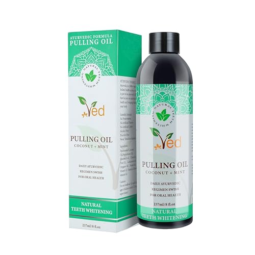 Ved Enjuague bucal con aceite de coco con raspador de lengua, aceite de coco natural y extracto de menta para blanquear los dientes, aliento fresco, dientes y encías más sanos, sin alcohol, 237 ml.