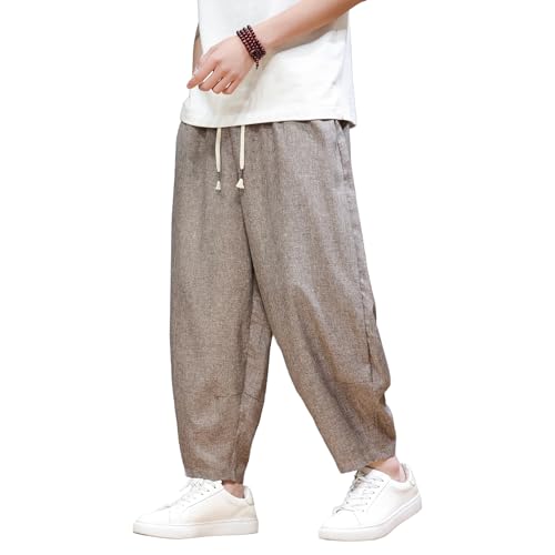 Tripleberly Harem Pants Men Loose Fit Casual Beach Pants with Pockets Drawstring Elastic Waist Summer Cropped Trousers