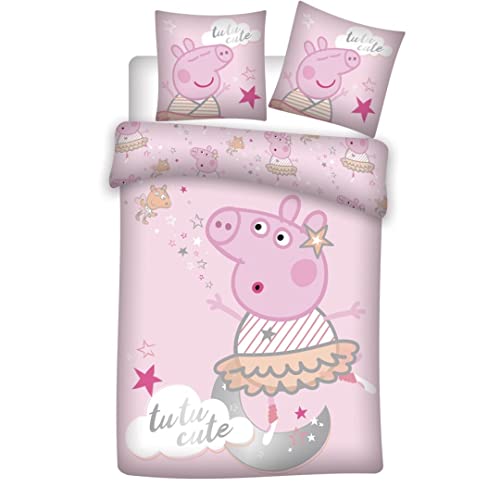 Parure de Lit Rose Peppa Pig Tutu Cute, Housse de Couette 140x200 cm + Taie d'oreiller 63x63 cm