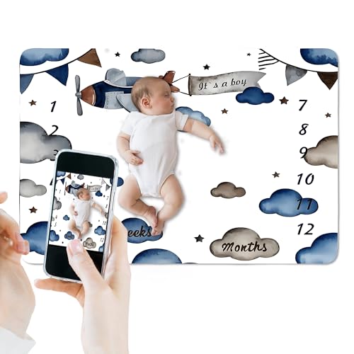 Image of Airplane Theme Baby Monthly Milestone Blanket for Boys, Soft Flannel Aircraft Pilot Cloud Stars Pattern Photography Prop Baby Shower Age Newborn Mom Gifts Nursery Decor (Gray Blue, 60x40in)