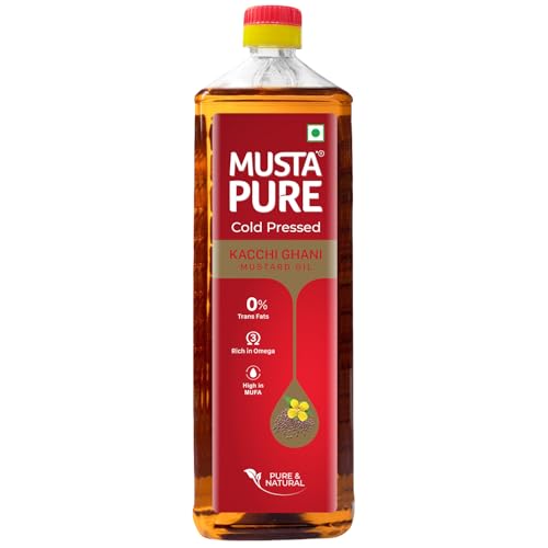 Image of Musta Pure Cold Pressed Kachi Ghani Mustard Oil 1 Litre Cooking Oil, Unrefined, Naturally Cholesterol Free, A1 Grade Real Seeds For Natural Aroma & Flavour For Roasting, Frying, Baking - PET Bottle