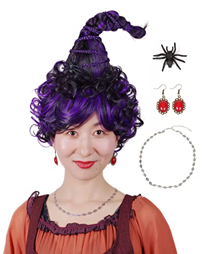 ColorGround Black and Purple Wig with Braid Earrings Necklace and Spider Clip for Halloween Cosplay Party
