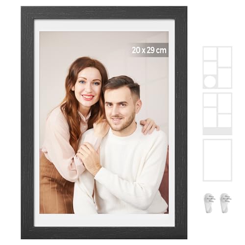 SONGMICS Cornice Portafoto con 3 Passepartout, Collage di Cornici Multipla, Foto, 4x6 o 4x4, Chiodi Antitraccia, 36,5 x 26 cm, Nero Cenere RPF024B01