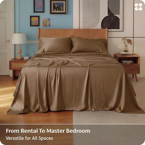 Image of Bedsure Full Size Bed Sheets, Cooling Sheets, Rayon Derived from Bamboo, PureWoven, Breathable & Soft, Deep Pocket Up to 16 Inches, Hotel Luxury Silky Bedding for Hot Sleepers, Coffee