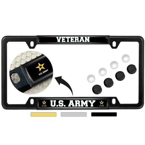 [Officially Licensed Product] - Veteran U.S. Army with Star Logo - Domed Custom-Made Personalized Narrow (Thin) Top 4 Hole Metal Car License Plate Frame with Free caps - Black (Quantity: 1 Frame)
