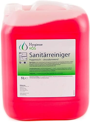 Hygiene Vos Sanitärreiniger 5 Liter. Entfernt Kalk von Armaturen, Fliesen, Duschabtrennungen sowie Urinstein und Wasserstein. Geeignet für Hochdruckreiniger