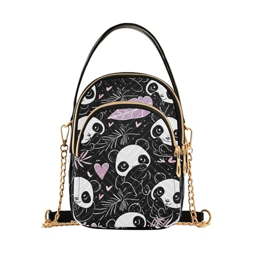 Woman Shoulder Handbag Quilted Phone Bags with Chain Strap Floral Zipper Crossbody Bowler Bag Cute Pandas Black