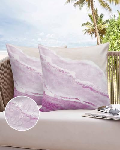 Boanket Outdoor Pillow Covers 24 x 24 Inches, Pink Summer Beach Waterproof Throw Pillow Cover Set of 2, Coastal Nautical Ocean Seaside Home Decorative Square Cushion Covers for Patio/Tent/Couch/Garden