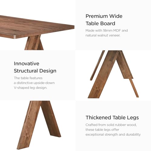 Image of Acanva Farmhouse Rectangular Dining Table for 6 People, Modern Mid-Century Walnut Kitchen Dinner Tables Furniture, Walnut