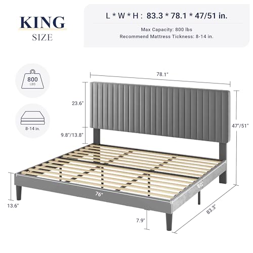 Image of Allewie King Bed Frame, Velvet Upholstered Platform Bed with Adjustable Vertical Channel Tufted Headboard, Mattress Foundation with Strong Wooden Slats, Box Spring Optional, Easy Assembly, Grey