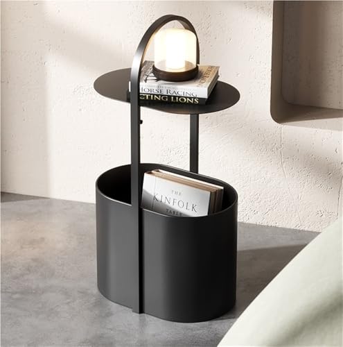HJYBFA Mesita de Noche de Metal Sencilla, Abierta y con Estructura de Acero, Espacios pequeños, Moderna, con estantes y Ganchos para Dormitorio (Negro)