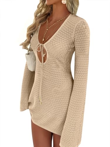 ANRABESS Swimsuit Cover Up for Women Crochet Bathing Suit 2026 Summer Swimwear V Neck Mesh Knit Dress Beach Vacation Clothes