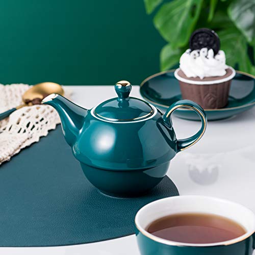 Jusalpha Dark Turquoise Green Fine China 16 Oz Teapot- Tea Cup- Saucer Set, Tea-For-One Set #08 #TOP1