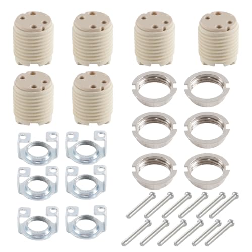 Durlo Portalámparas G9 con soporte, casquillo halógeno cerámico roscado G9 con anillo para bombilla (paquete de 6)